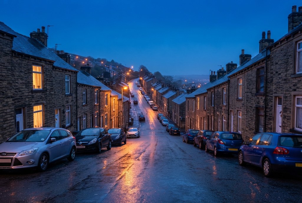 A street of red-brick terraced houses in Uppermill